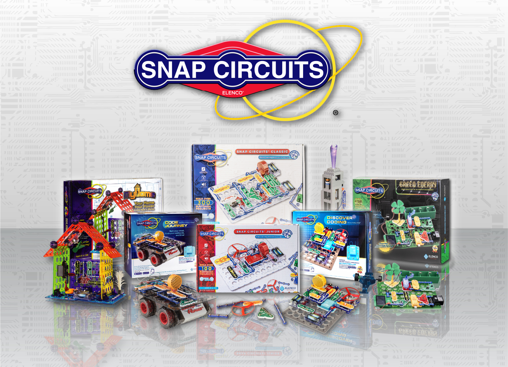 Snap Circuits Family Shot -MyHome, Code Journey, SC300, SC100, SCBRIC1, Discvoer Coding, Green Energy